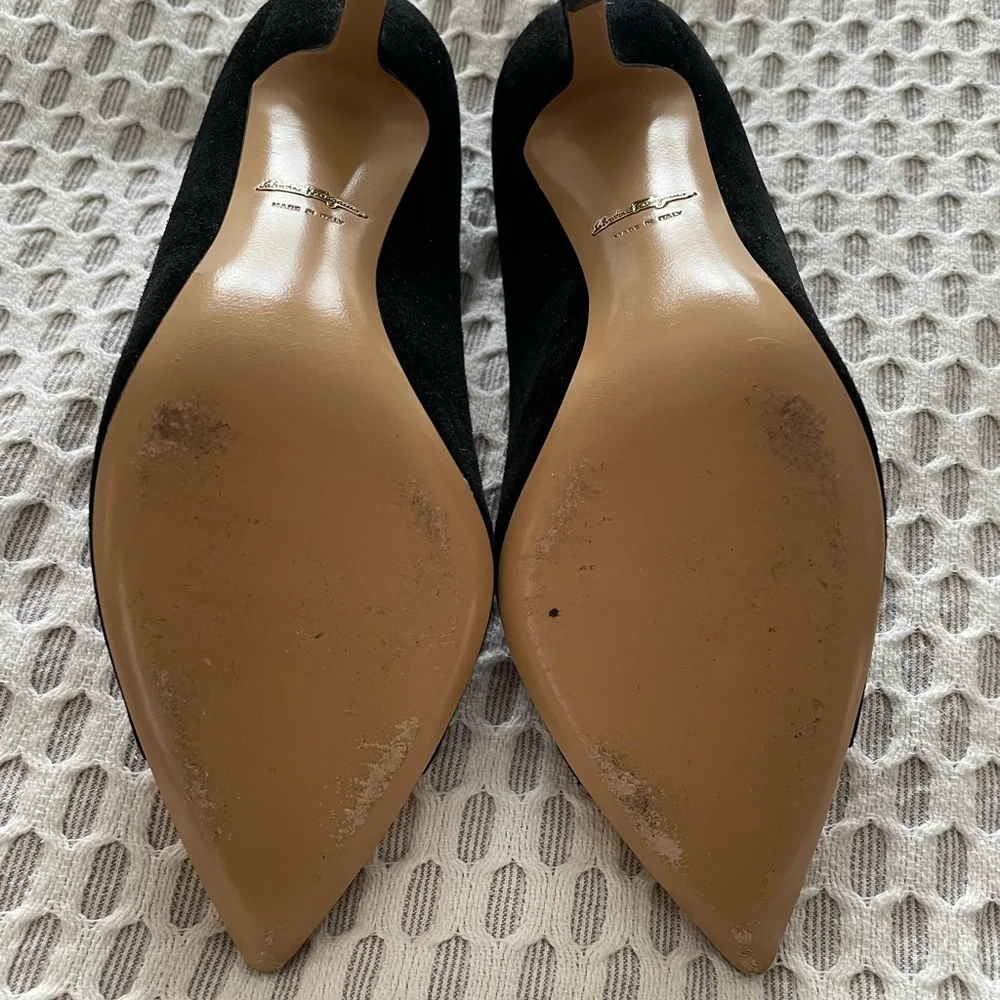 Salvatore Ferragamo Black Suede + Gold Chain Cap Tip Stilettos - 6.5 - Picture 5 of 9